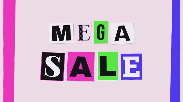Mega Sale ransom note cutout letters promo animation with colorful paper scraps on pastel pink stop motion seamless loop