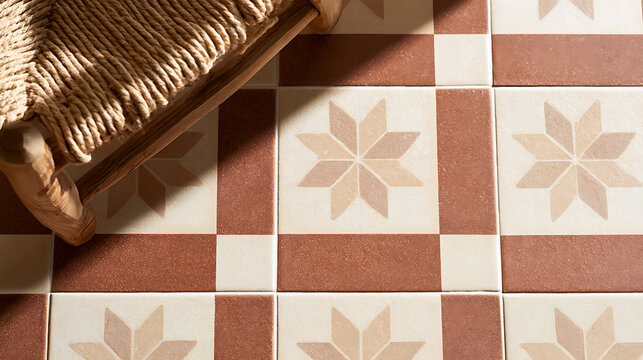 Geometric patterned ceramic tiles floor with terracotta and beige star design in a rustic interior setting with a woven straw chair leg