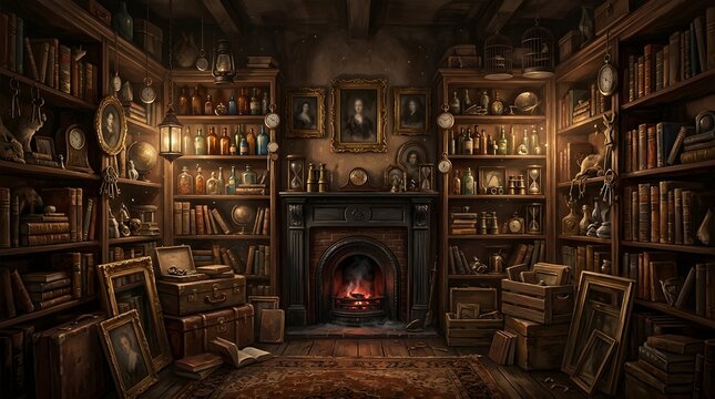 Warm and inviting home library with a cozy fireplace and overflowing bookshelves