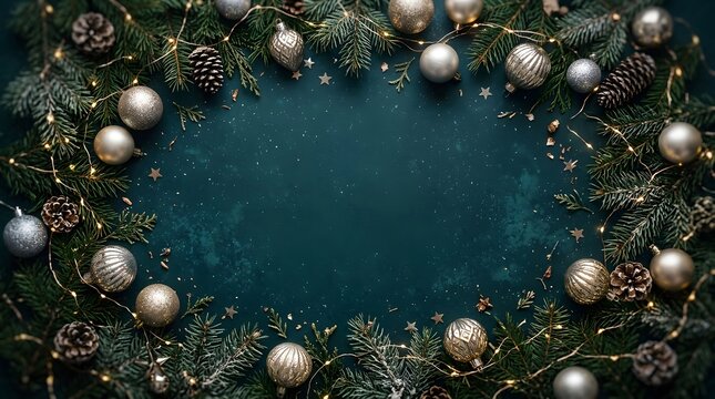 Festive christmas border with ornaments and evergreen branches on a teal background