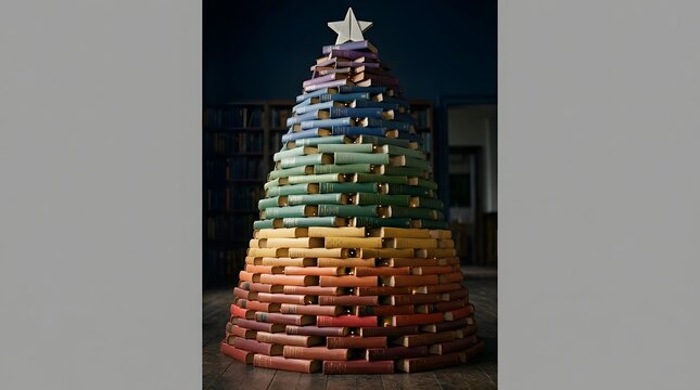 Colorful stacked boxes form a unique christmas tree shape with a star on top