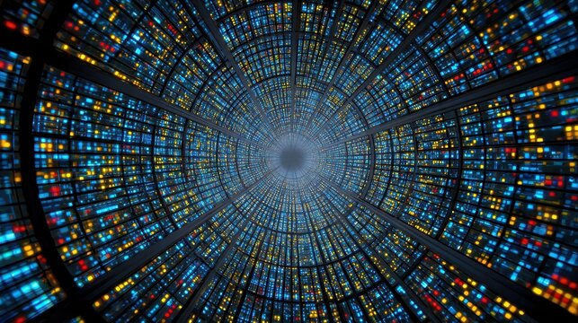 Abstract data tunnel with glowing blue and yellow lights in a digital network concept with futuristic style