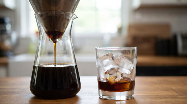 Freshly brewed pour over coffee dripping into a glass carafe next to a glass with ice