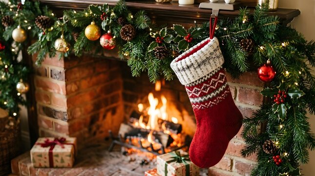 Festive christmas fireplace scene with decorated mantel and a red stocking