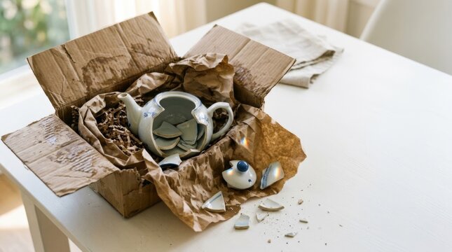 Broken ceramic teapot inside a damaged cardboard shipping box representing failed delivery and product damage claims for e-commerce and logistics insurance services.