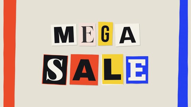 Mega Sale ransom note cutout letters promo animation with colorful paper scraps on off-white stop motion seamless loop