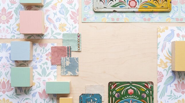 Pastel South Asian floral pattern fabric swatches and ornate tiles flat lay with copy space
