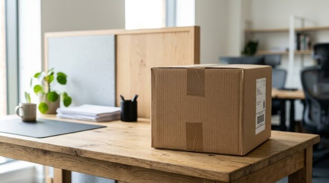 Cardboard shipping box sitting on a wooden office desk representing ecommerce logistics and retail returns in a bright modern workspace with ample copy space for advertising