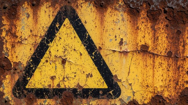 Old yellow caution sign with black triangle border on heavily rusted metal surface. Corroded warning symbol shows aged texture, damaged paint. Vintage industrial background features grunge decay,