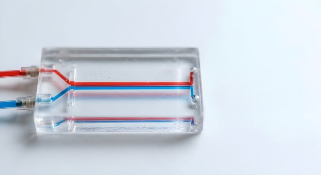 Macro view of a transparent microfluidic chip with red and blue fluids flowing in parallel through a Y-junction channel for laminar flow research, fluid mixing studies, and drug discovery applications