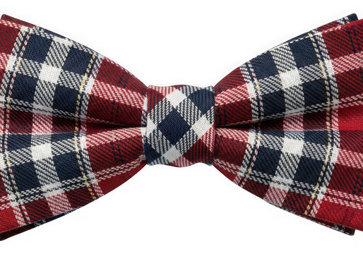 Close-up of a plaid bow tie with red, white, and blue stripes on a black backdrop. (102 characters) illustration