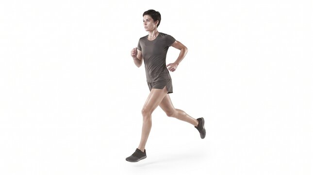 A runner is shown in action against a clean white studio background, highlighting technique, balance, and movement for fitness marketing, sports publications, and professional training projects.