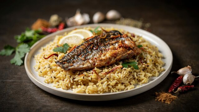 Qatari cuisine. Mutabbaq Samak. A spicy baked or fried layer of fish, laid out on a pillow of crumbly fragrant rice with spices and fried onions.