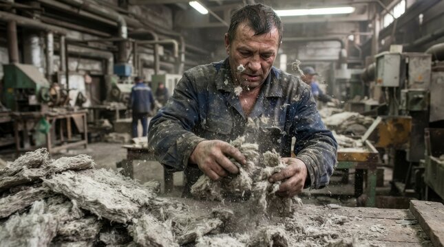 Industrial worker processing raw wool in a factory