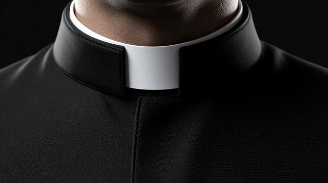 Close up of black man wearing traditional priest clerical collar. Religious leader in black formal cassock stands against dark background. Christian minister pastor attire for church service,