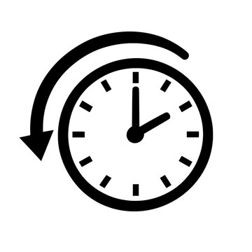 Minimal black and white clock icon with a counterclockwise arrow, symbolizing time reversal, history, rewind, reset, and returning to the past.