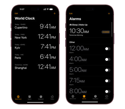Smartphone clock app interface mockup with world time zones and alarm settings screens.