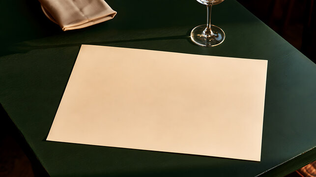 Blank paper placemat on dark green restaurant table with wine glass and napkin mockup for custom menu design project and presentation