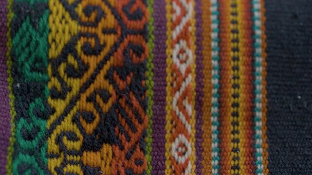 Traditional Andean textile from the highlands of Bolivia, Peru, and Ecuador; close-up of a colorful folk textile