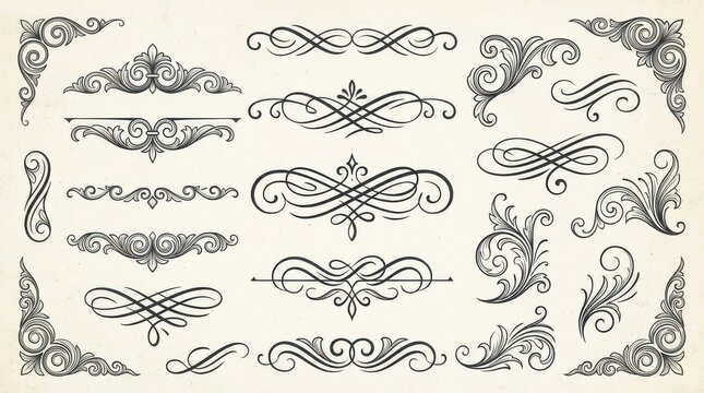 Set of vintage floral ornaments and decorative flourishes