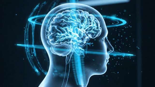 Futuristic digital rendering of a human head and glowing brain showing advanced artificial intelligence