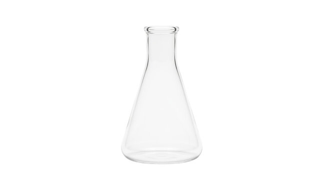 A clear empty glass conical Erlenmeyer flask. Essential equipment for laboratory research, chemical testing, medical science, education, and professional experimentation.