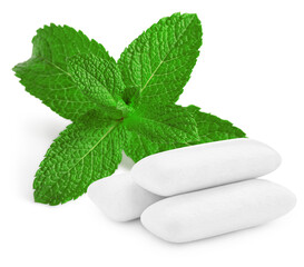 Menthol chewing gum pieces and green mint leaves isolated on white © New Africa