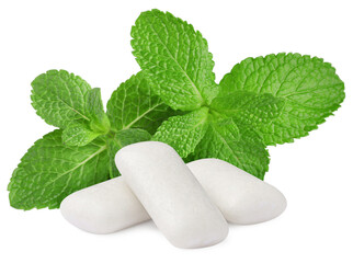 Menthol chewing gum pieces and green mint leaves against transparent background © New Africa
