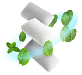 Menthol chewing gum pieces and mint leaves in air against white background © New Africa
