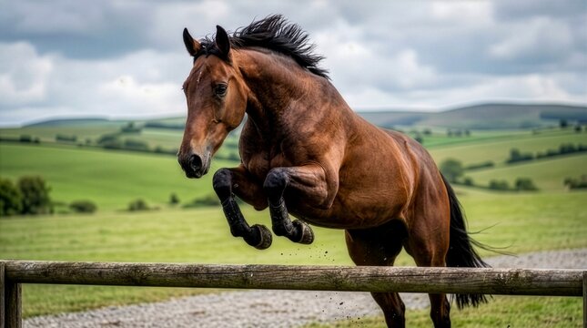 A stunning action shot of a powerful bay horse wearing protective boots leaping gracefully over a wooden fence, with green rolling hills and a cloudy country landscape backdrop.