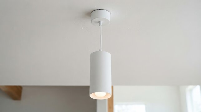 Modern white cylindrical pendant light hanging from a ceiling