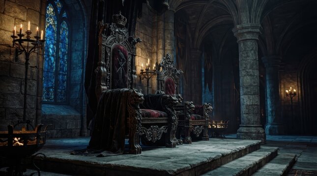 Medieval throne room with stone architecture and ornate dark thrones