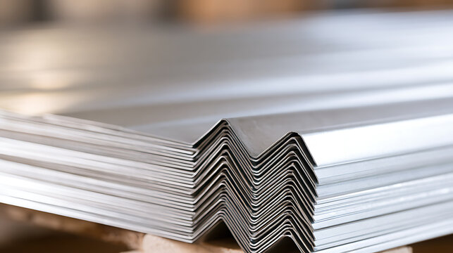Industrial stack of galvanized steel profile sheets in warehouse with metallic reflection and sharp geometry for construction and manufacturing project