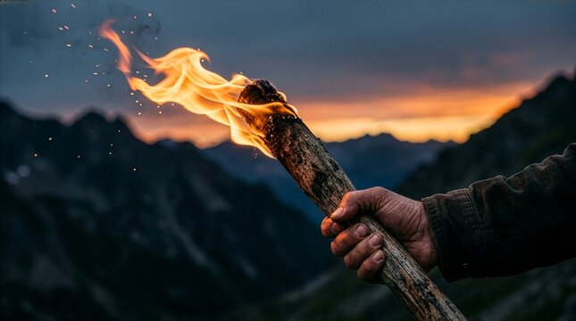 A person's hand holding a burning wooden torch with bright orange flames and sparks at sunset, featuring a dramatic blurred mountain landscape background, ideal for adventure and survival concepts.