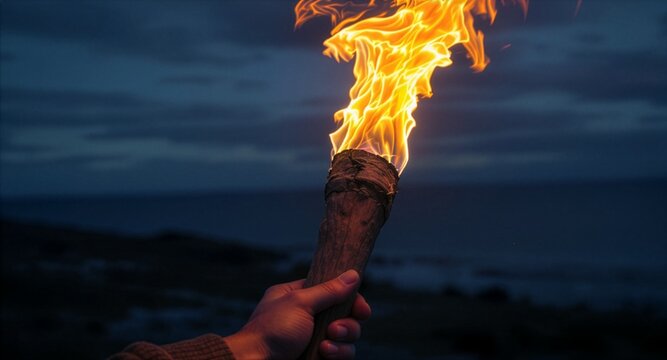A close-up shot of a human hand holding a burning wooden torch with powerful orange flames against a dark blue twilight coastal background, perfect for hope and survival concepts.