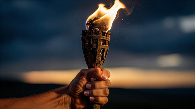 A close-up shot of a human hand holding a burning wooden basket torch with vibrant orange flames and smoke against a soft twilight sky sunset background, ideal for guidance and hope concepts.