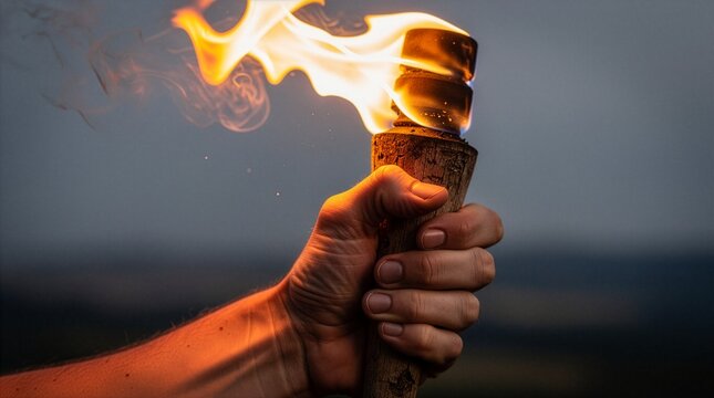 A close-up shot of a human hand firmly holding a lit wooden torch with dynamic burning flames and smoke against a dark, moody twilight background, ideal for freedom and leadership concepts.