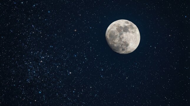 Full moon shining brightly in a dark night sky filled with countless stars