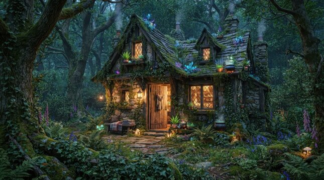 Cozy enchanted cottage in a deep magical forest with glowing lights