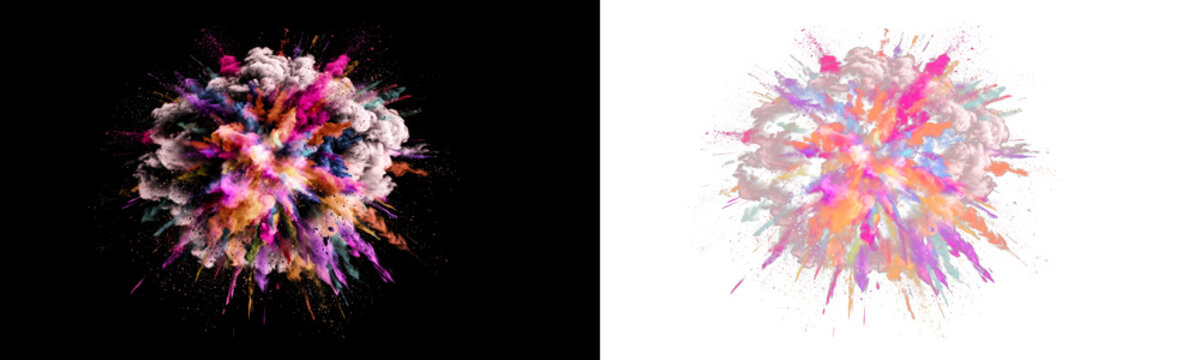Colorful powder explosion with white smoke cloud and pink, orange, purple and blue pigment bursting outward PNG, isolated on transparent background