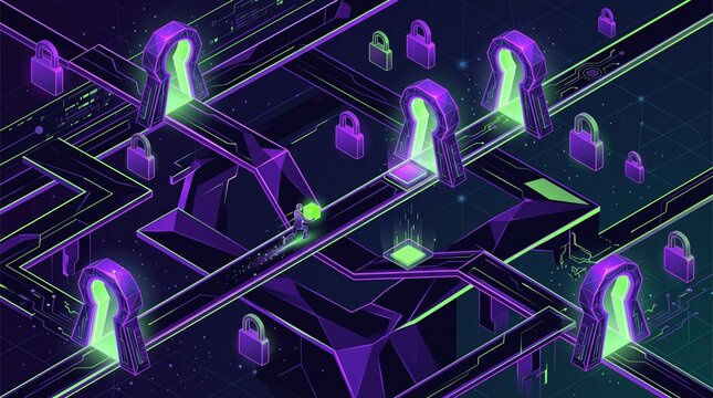 Isometric 3D illustration of a runner navigating a glowing data maze and cyber security concept