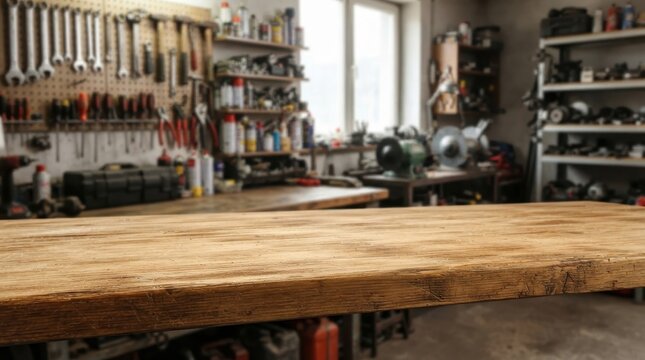Empty wooden workbench in a cluttered garage with tools on the wall