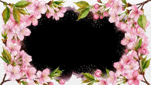 Pink cherry blossom branches frame on black background.