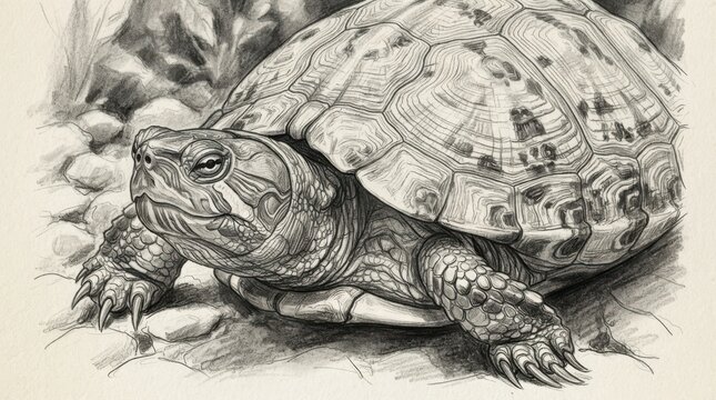 Detailed pencil drawing of a turtle resting on rocky ground