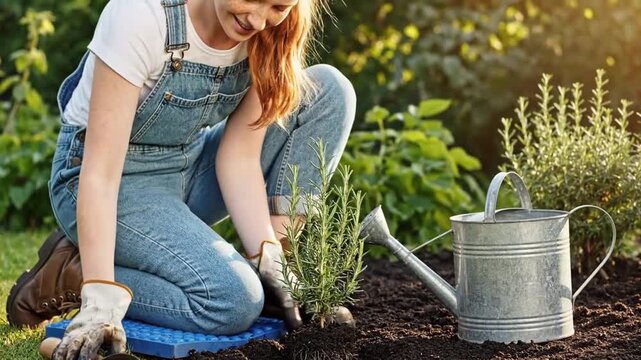 Beautiful redhead woman with freckles wearing denim overalls and gloves carefully plants a rosemary sapling into a freshly prepared flowerbed during a warm, sunny day in her backyard garden