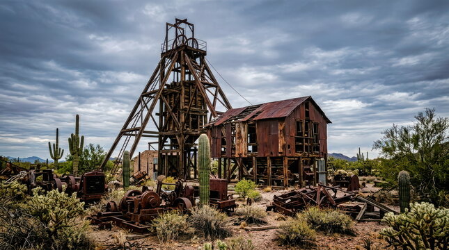 Historic Abandoned Gold Mine Headframe and Rusted Machinery in Arizona Desert
