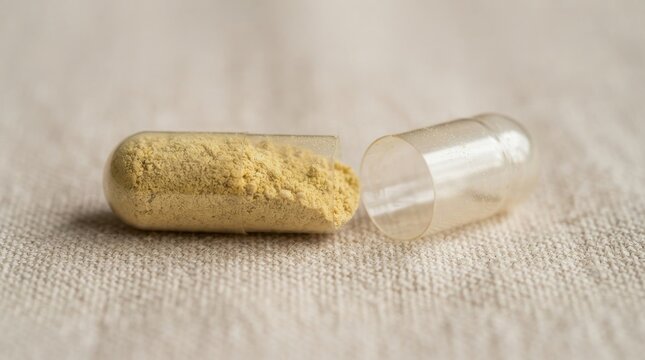 Open transparent medical capsule with yellow herbal powder inside on a textured fabric