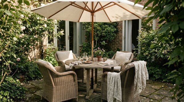 Cozy garden patio with wooden table, wicker chairs, and large sun umbrella