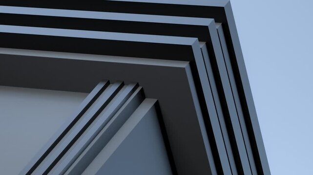 A minimalist dark architectural building, a futuristic corner structure on the skyline, a sci-fi building made of concrete and metal, animation. 3D render
