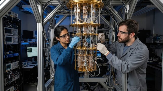 Scientists working on a quantum computer cryostat in a laboratory
